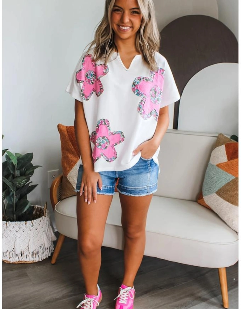 White Floral Applique Notched V Neck Dolman Sleeve Top