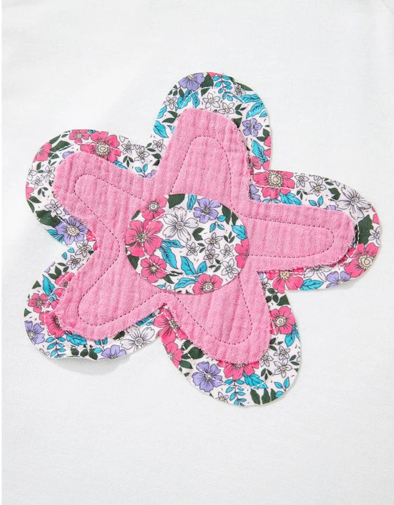 White Floral Applique Notched V Neck Dolman Sleeve Top