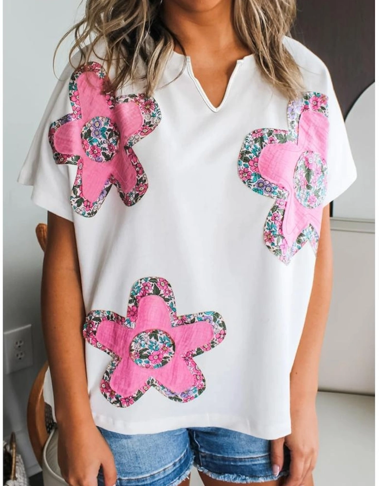 White Floral Applique Notched V Neck Dolman Sleeve Top