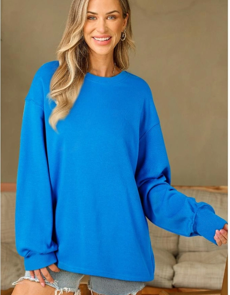 Sky Blue Solid Color Drop Shoulder Long Sleeve Basic Sweatshirt