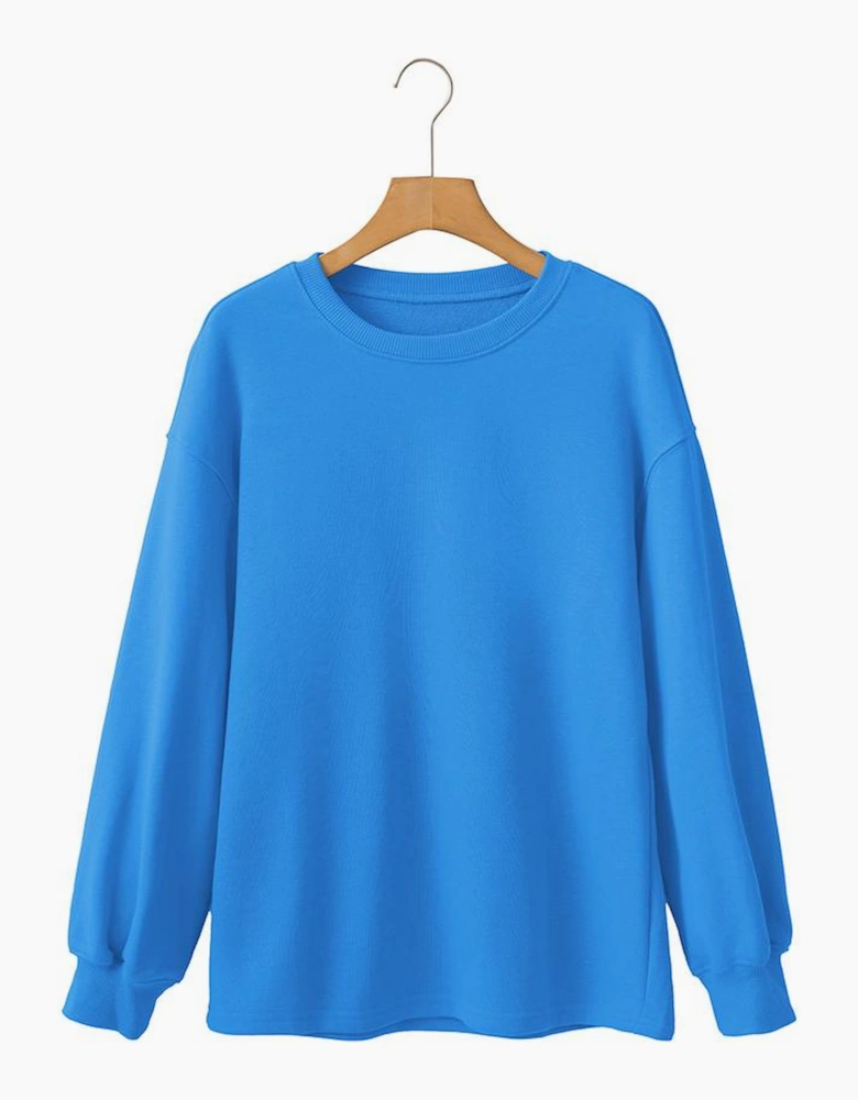 Sky Blue Solid Color Drop Shoulder Long Sleeve Basic Sweatshirt