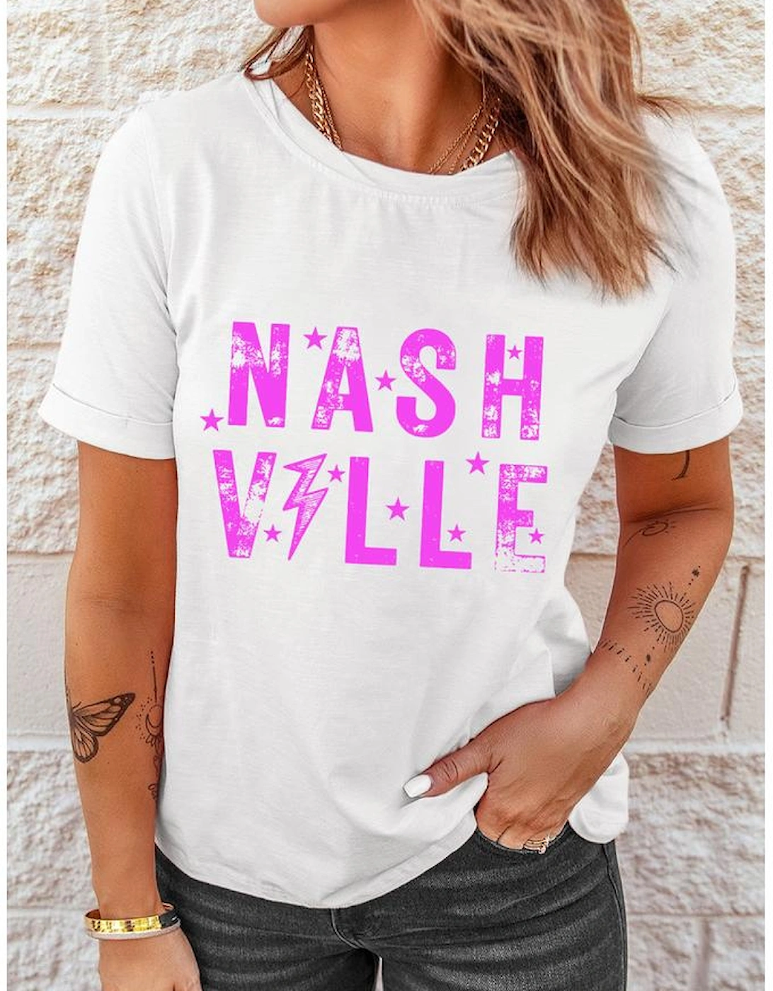 White NASHVILLE Star Graphic Crewneck T Shirt