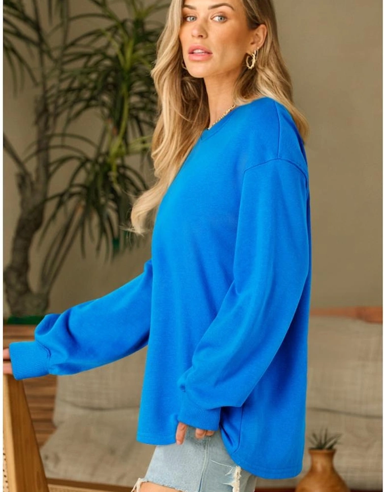 Sky Blue Solid Color Drop Shoulder Long Sleeve Basic Sweatshirt
