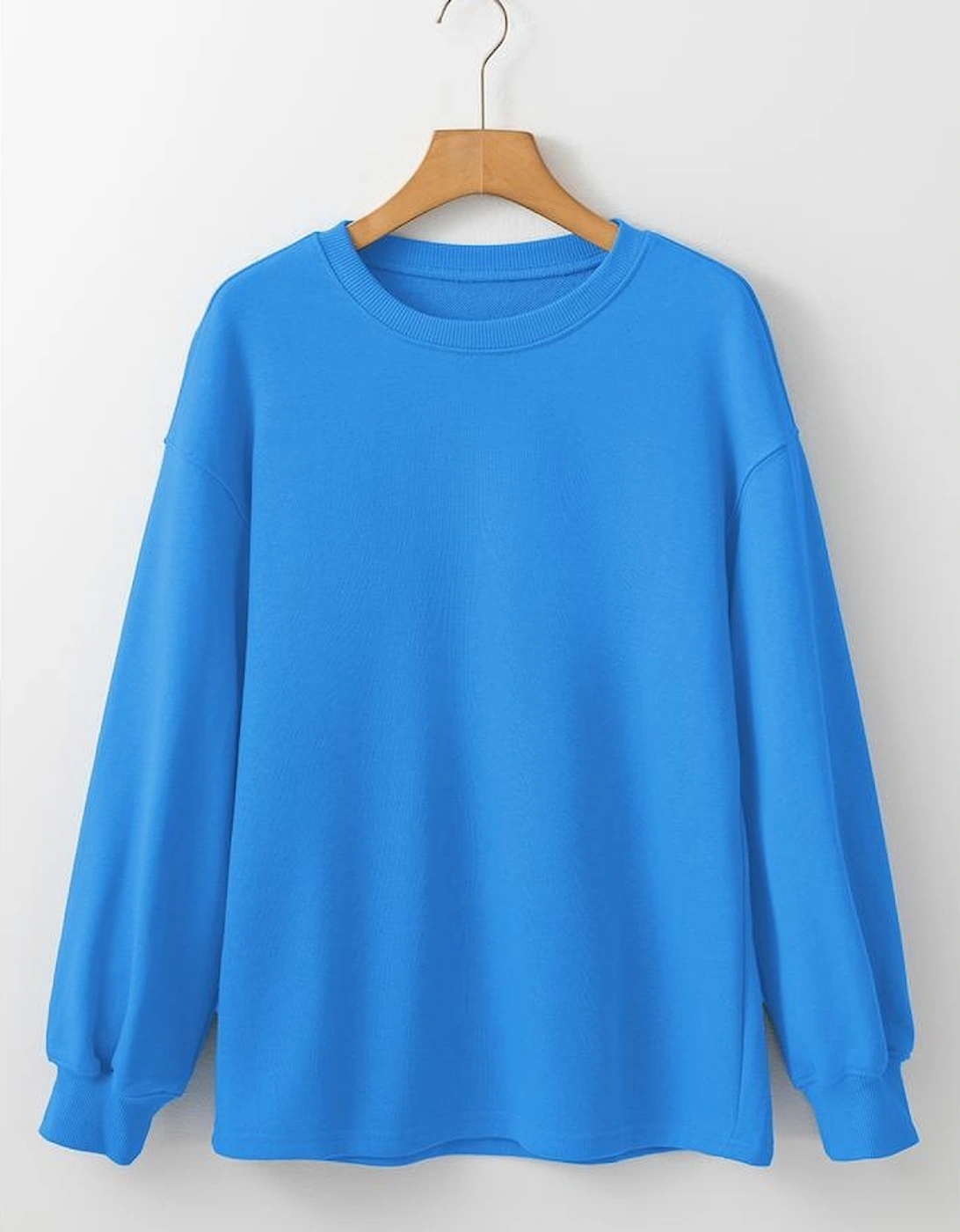 Sky Blue Solid Color Drop Shoulder Long Sleeve Basic Sweatshirt