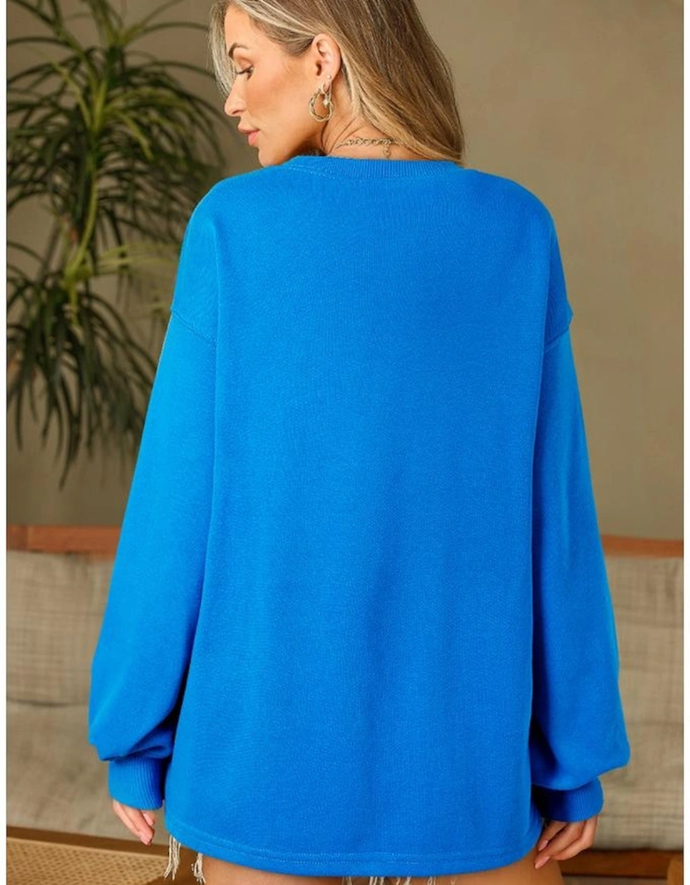 Sky Blue Solid Color Drop Shoulder Long Sleeve Basic Sweatshirt