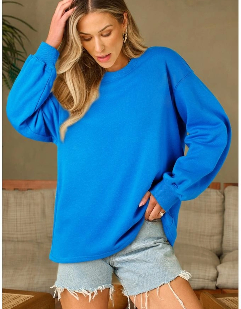 Sky Blue Solid Color Drop Shoulder Long Sleeve Basic Sweatshirt