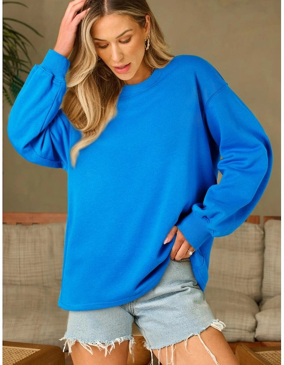 Sky Blue Solid Color Drop Shoulder Long Sleeve Basic Sweatshirt