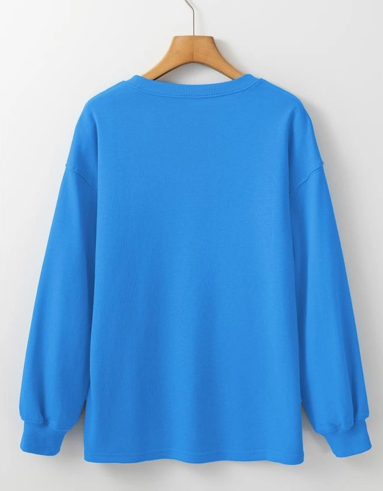 Sky Blue Solid Color Drop Shoulder Long Sleeve Basic Sweatshirt