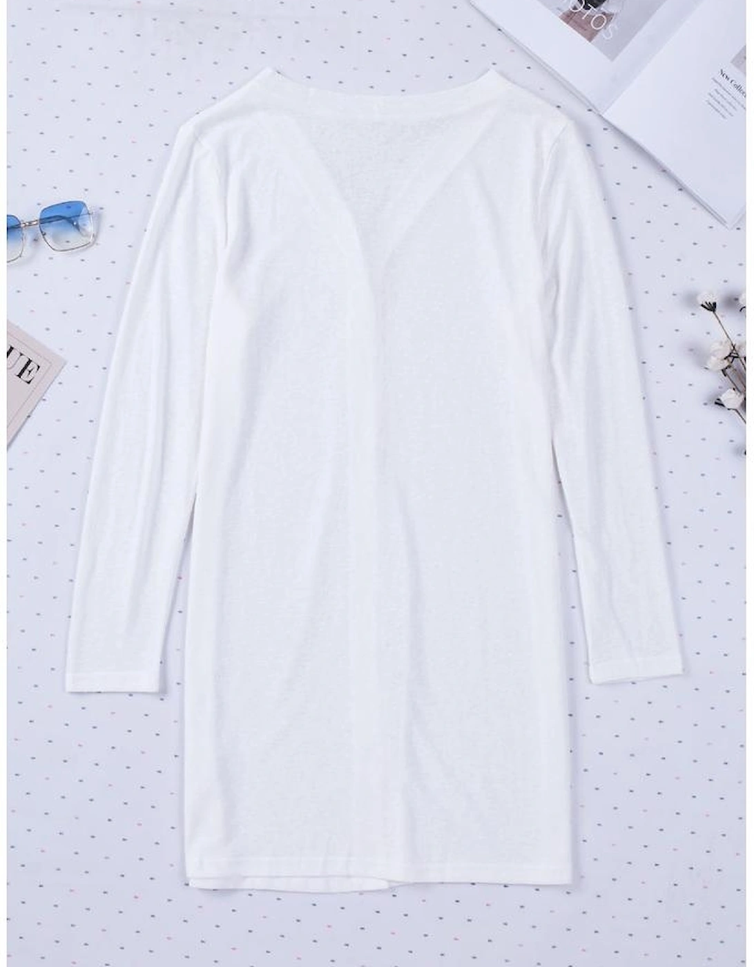 White Solid Color Open-Front Buttons Cardigan