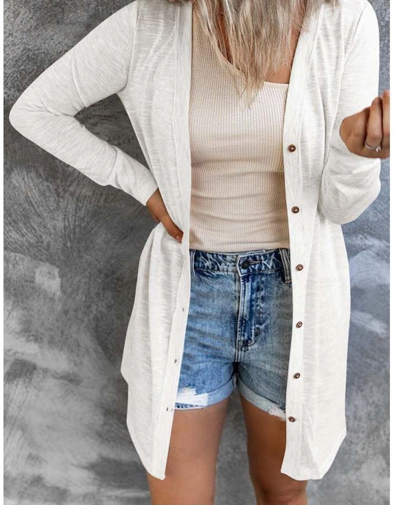 White Solid Color Open-Front Buttons Cardigan