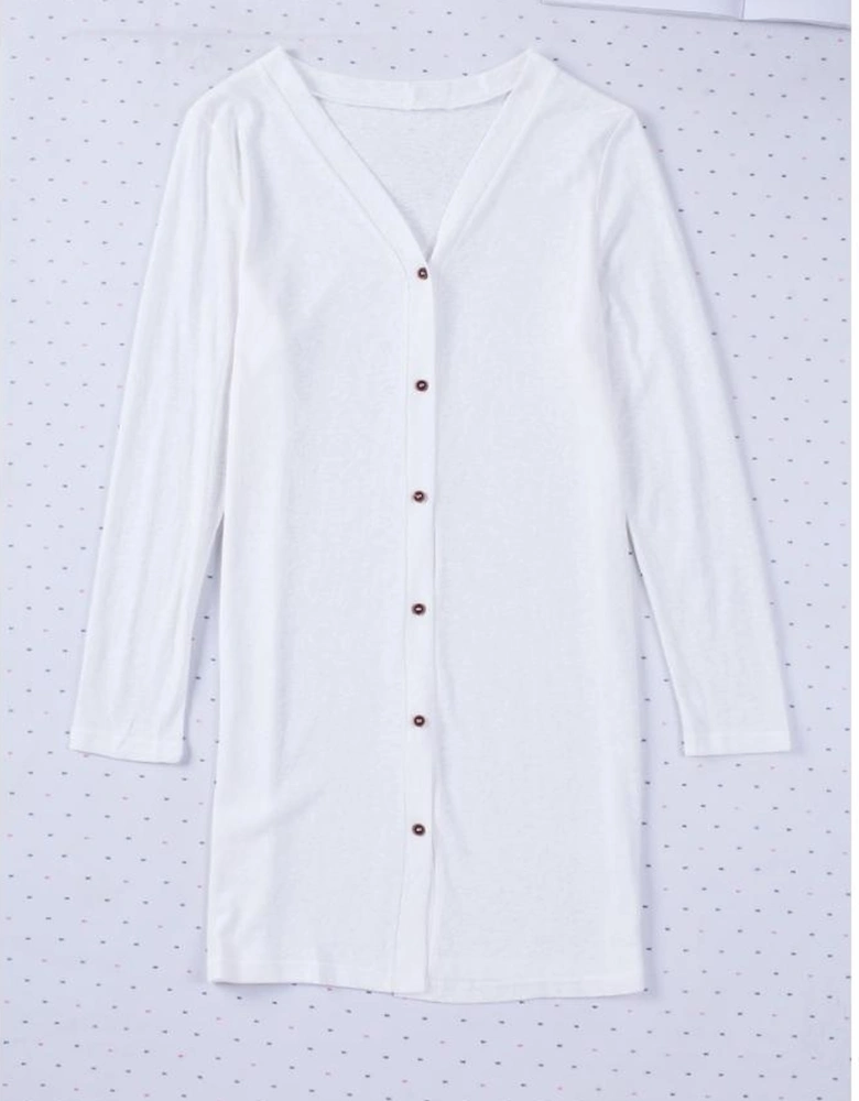 White Solid Color Open-Front Buttons Cardigan