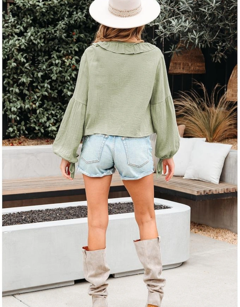 Meadow Mist Green Bow Tie Front Ruffle Trim V Neck Long Sleeve Gauze Blouse