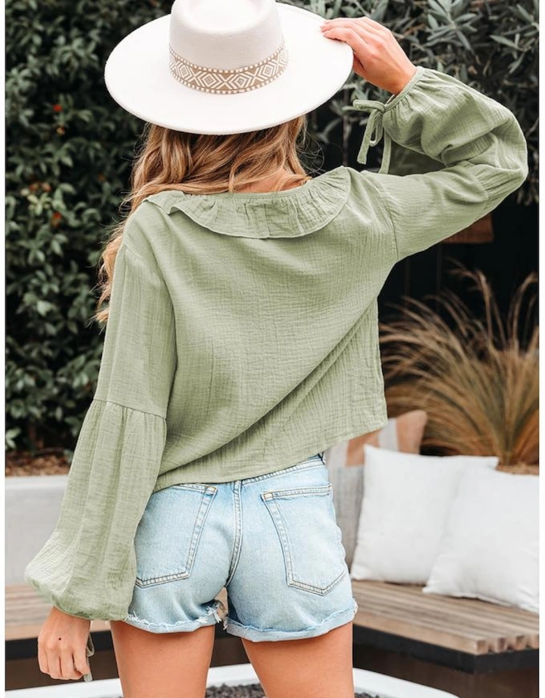 Meadow Mist Green Bow Tie Front Ruffle Trim V Neck Long Sleeve Gauze Blouse
