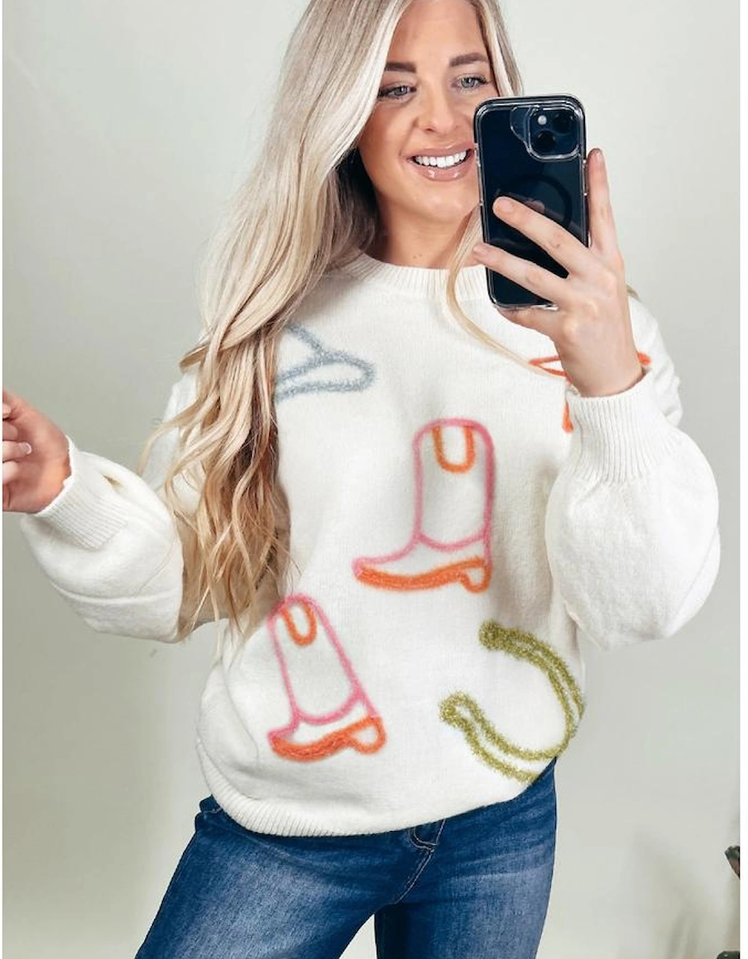 White Tinsel Western Boots Horseshoe Star Knit Crew Neck Sweater