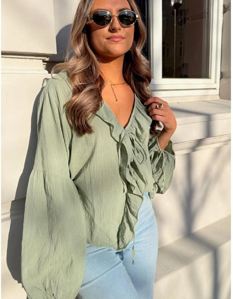 Meadow Mist Green Bow Tie Front Ruffle Trim V Neck Long Sleeve Gauze Blouse