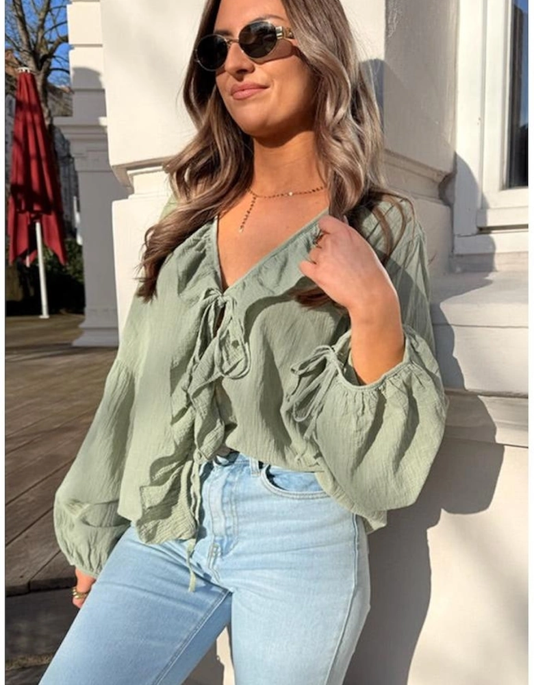 Meadow Mist Green Bow Tie Front Ruffle Trim V Neck Long Sleeve Gauze Blouse