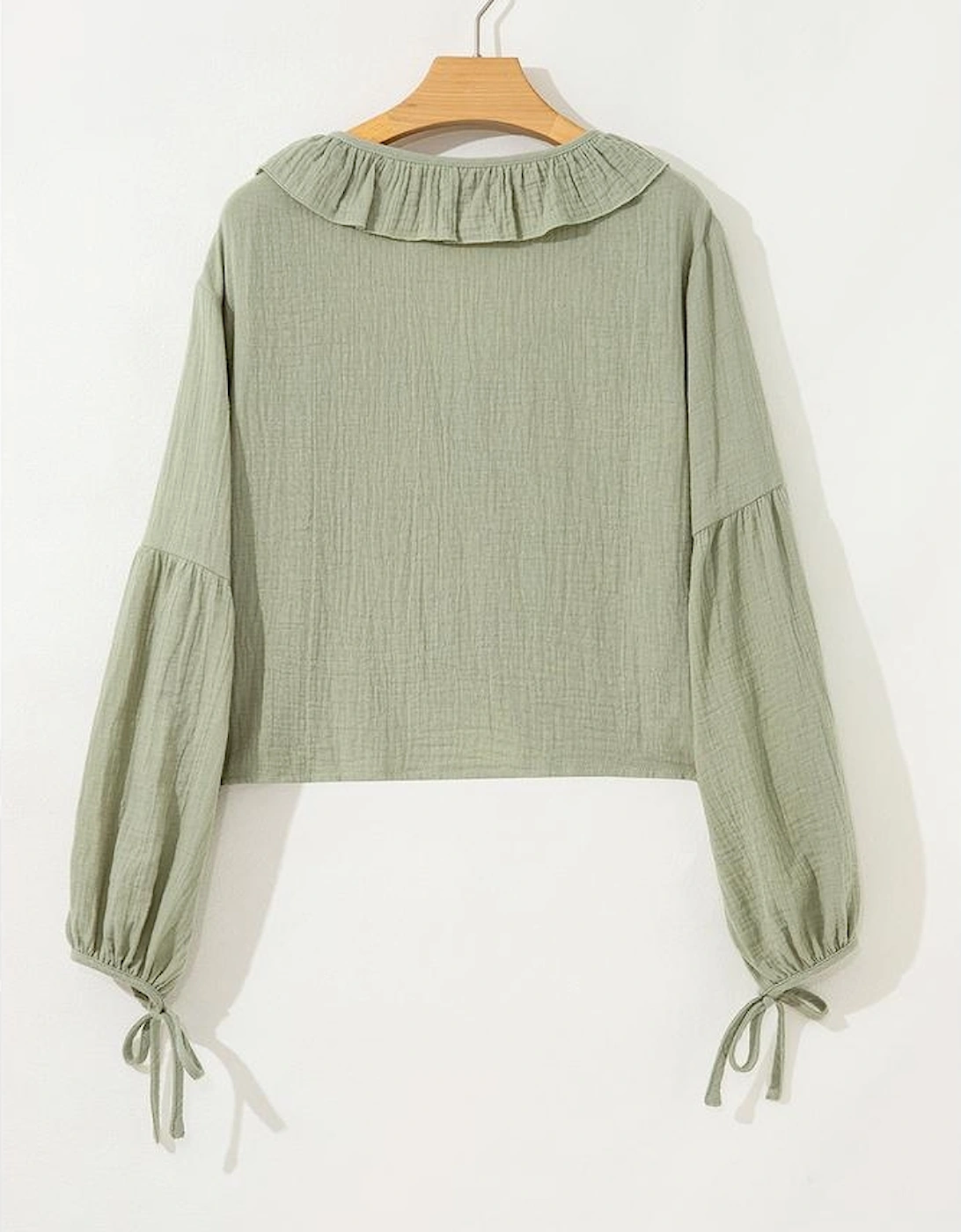 Meadow Mist Green Bow Tie Front Ruffle Trim V Neck Long Sleeve Gauze Blouse