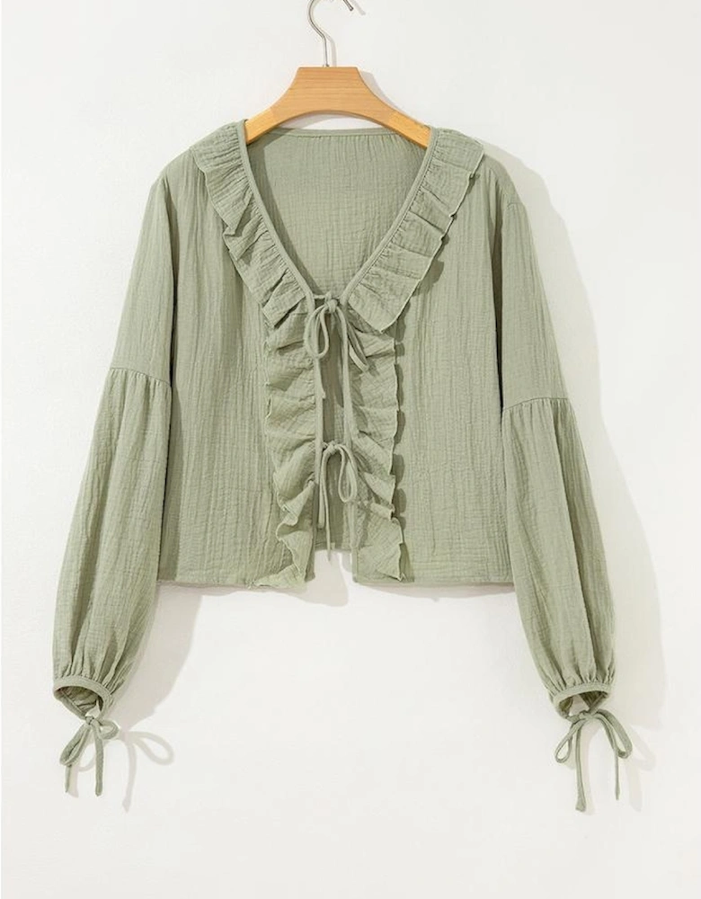 Meadow Mist Green Bow Tie Front Ruffle Trim V Neck Long Sleeve Gauze Blouse