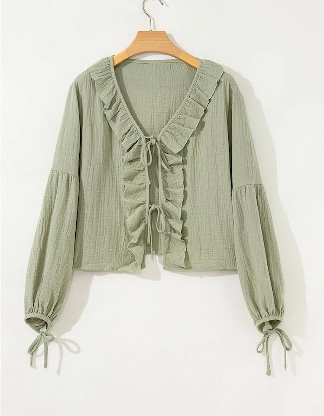 Meadow Mist Green Bow Tie Front Ruffle Trim V Neck Long Sleeve Gauze Blouse