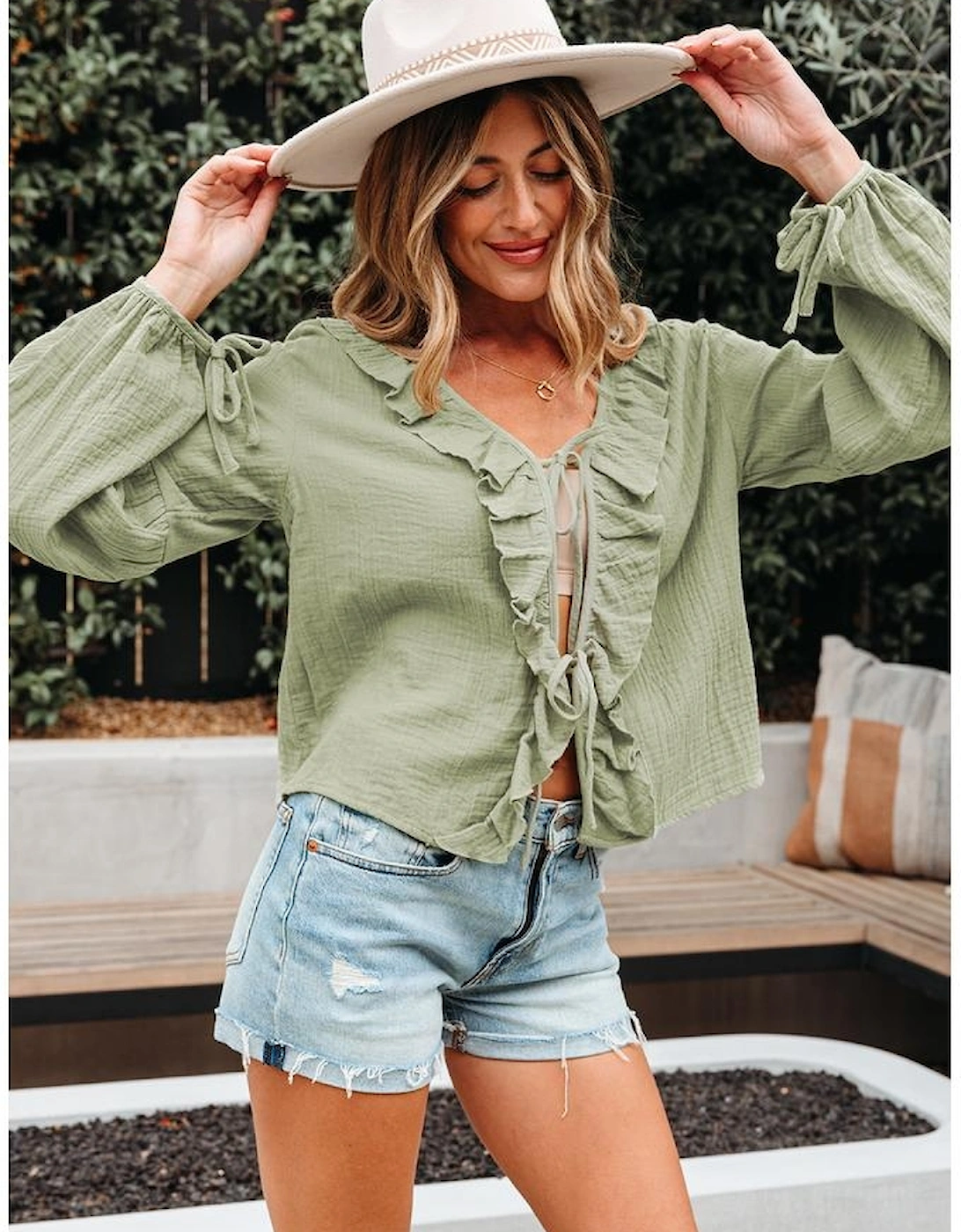 Meadow Mist Green Bow Tie Front Ruffle Trim V Neck Long Sleeve Gauze Blouse