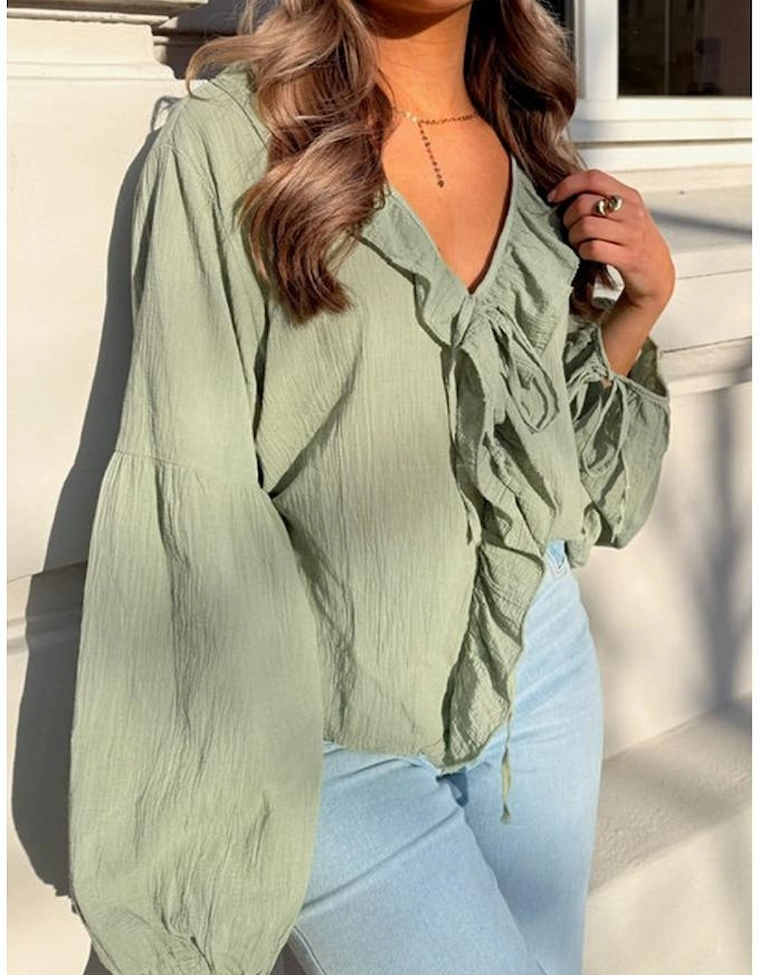 Meadow Mist Green Bow Tie Front Ruffle Trim V Neck Long Sleeve Gauze Blouse
