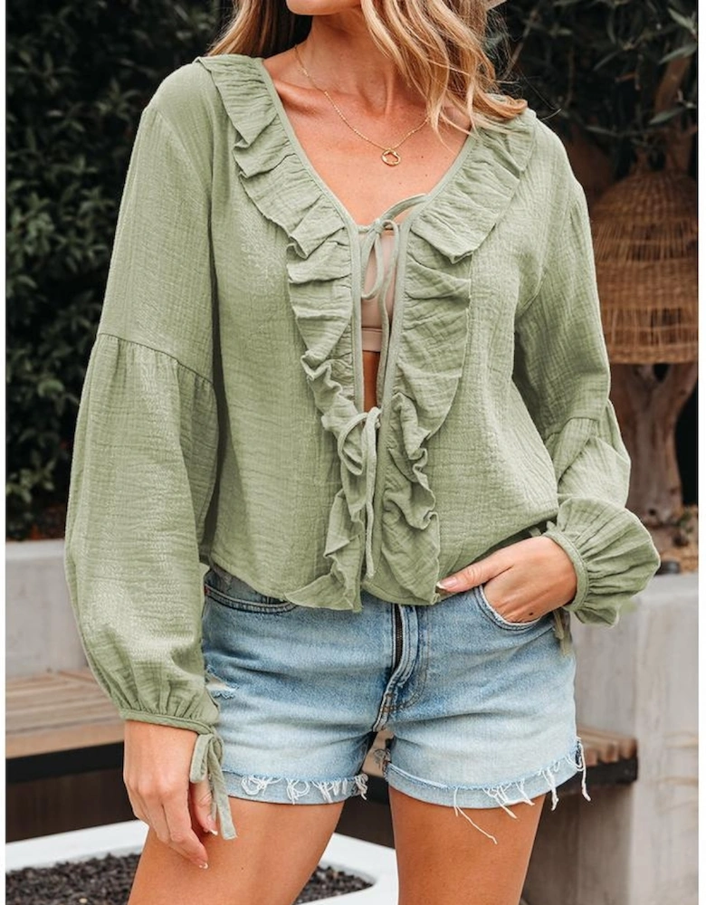 Meadow Mist Green Bow Tie Front Ruffle Trim V Neck Long Sleeve Gauze Blouse