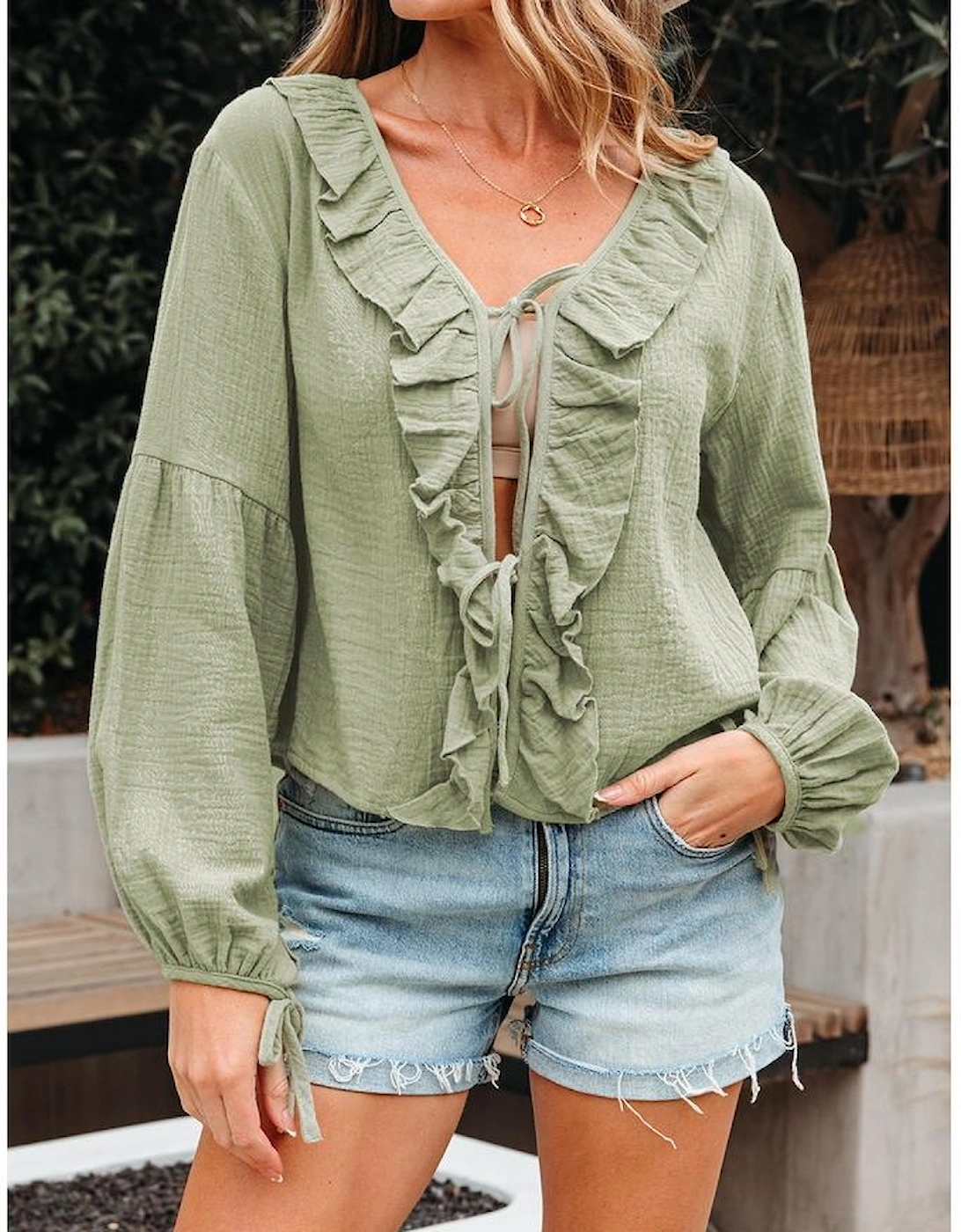 Meadow Mist Green Bow Tie Front Ruffle Trim V Neck Long Sleeve Gauze Blouse