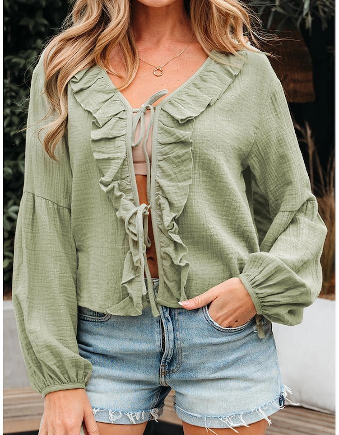Meadow Mist Green Bow Tie Front Ruffle Trim V Neck Long Sleeve Gauze Blouse