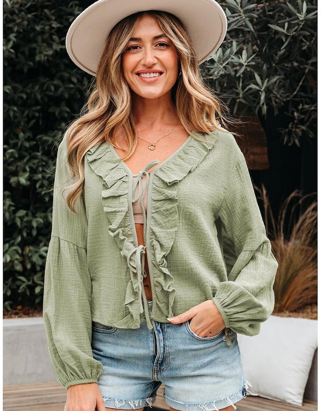 Meadow Mist Green Bow Tie Front Ruffle Trim V Neck Long Sleeve Gauze Blouse