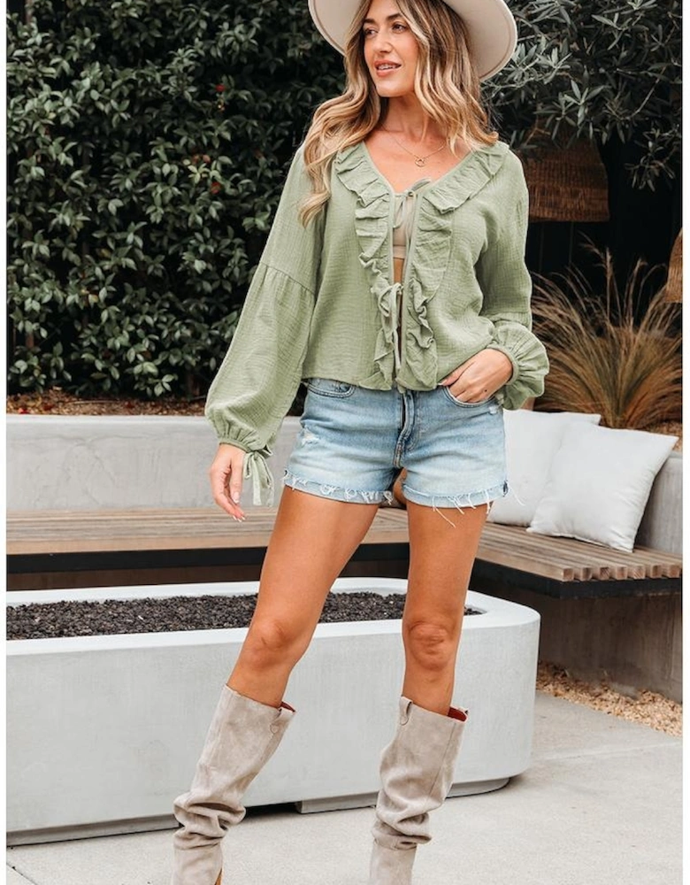 Meadow Mist Green Bow Tie Front Ruffle Trim V Neck Long Sleeve Gauze Blouse