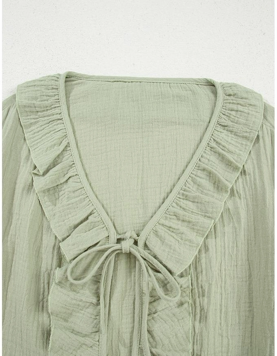 Meadow Mist Green Bow Tie Front Ruffle Trim V Neck Long Sleeve Gauze Blouse