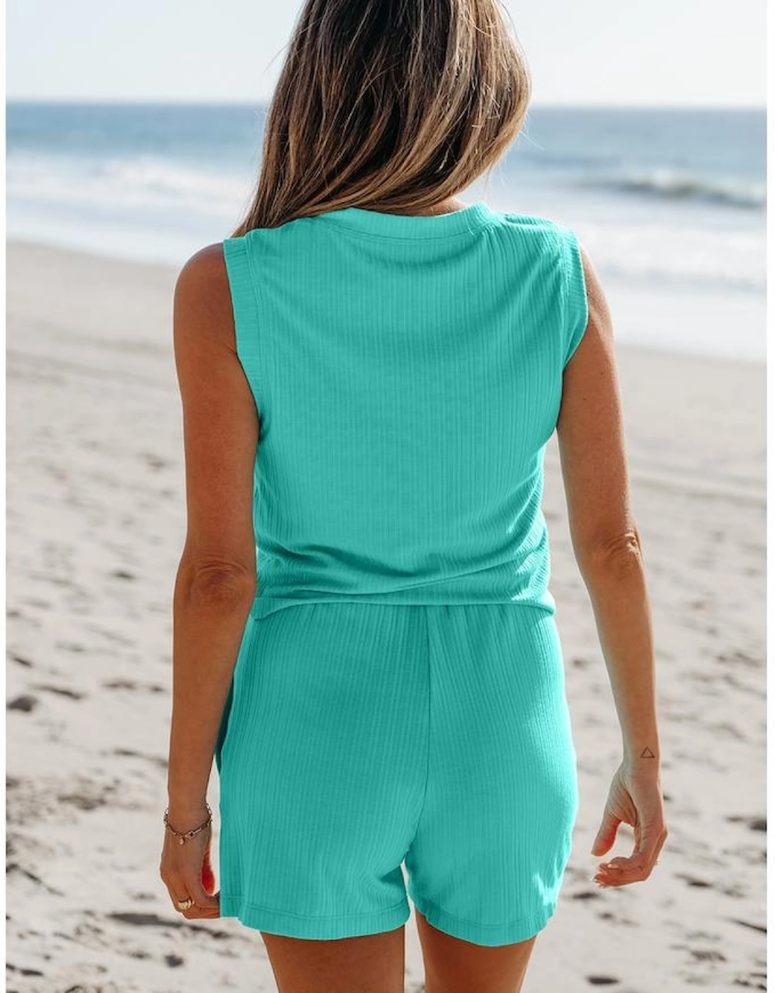 Mint Green Ribbed Button V Neck Tank Top and Shorts Set, 16 of 15
