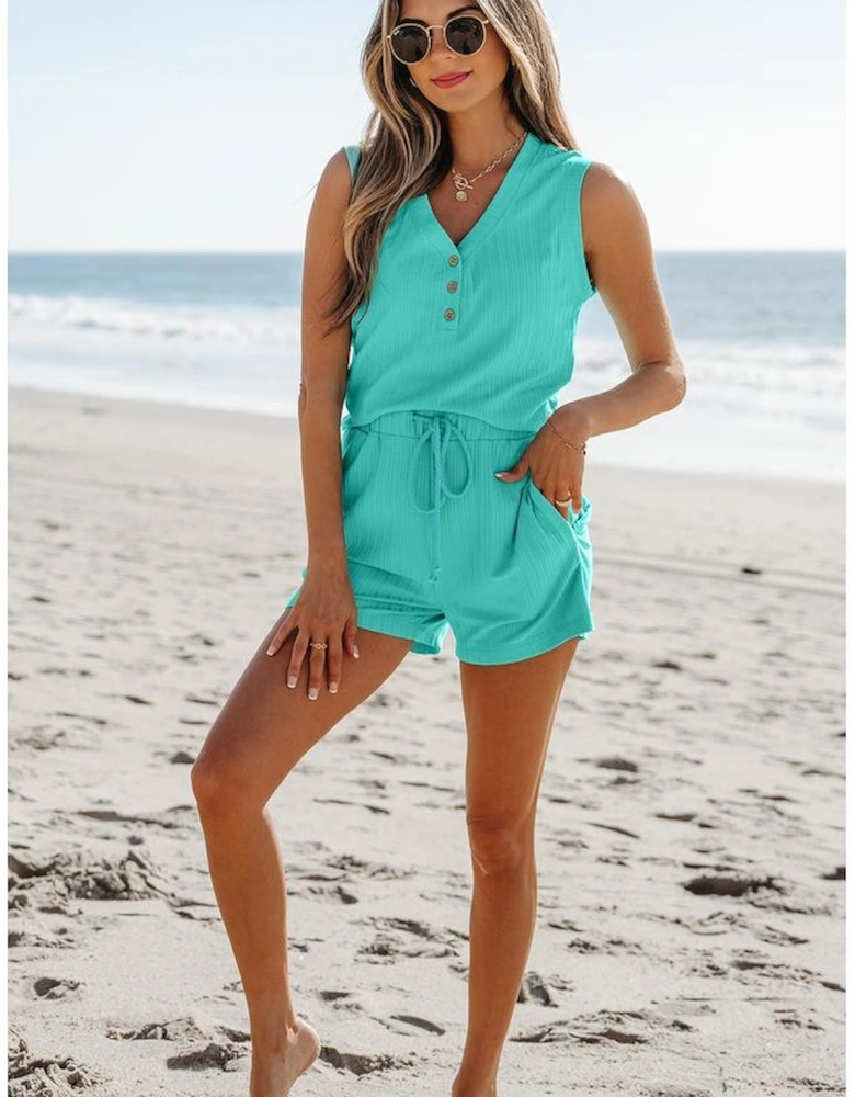 Mint Green Ribbed Button V Neck Tank Top and Shorts Set