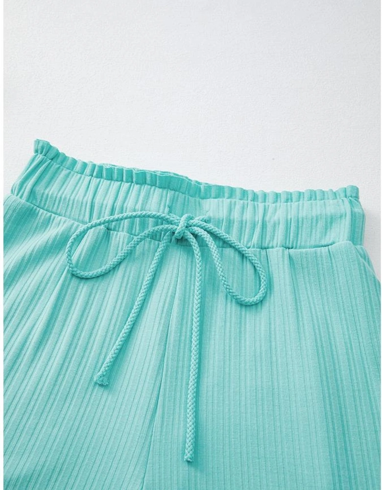 Mint Green Ribbed Button V Neck Tank Top and Shorts Set