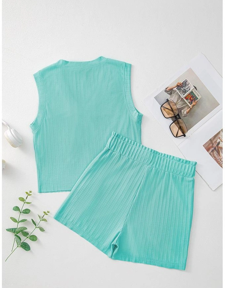 Mint Green Ribbed Button V Neck Tank Top and Shorts Set