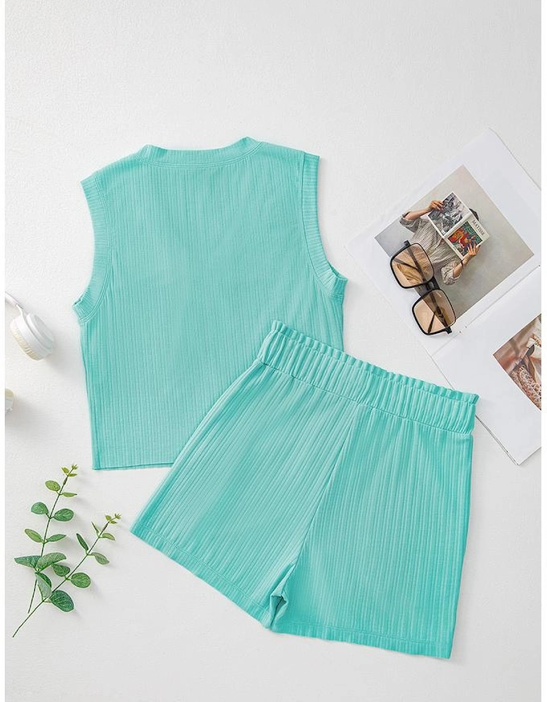 Mint Green Ribbed Button V Neck Tank Top and Shorts Set