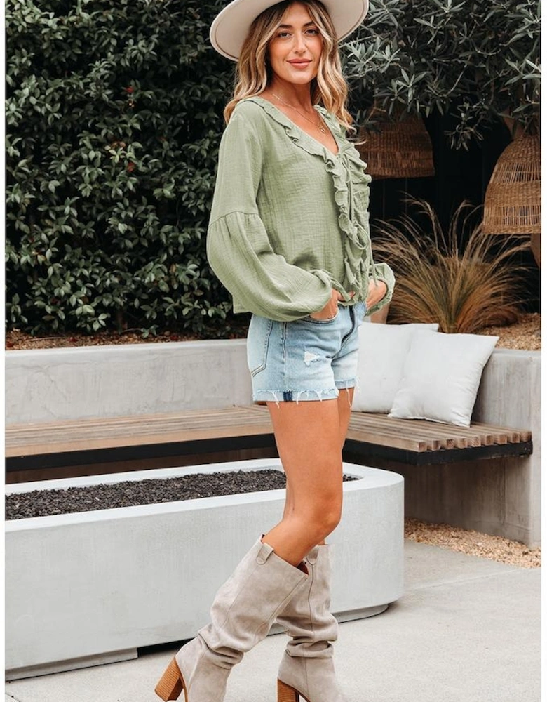 Meadow Mist Green Bow Tie Front Ruffle Trim V Neck Long Sleeve Gauze Blouse