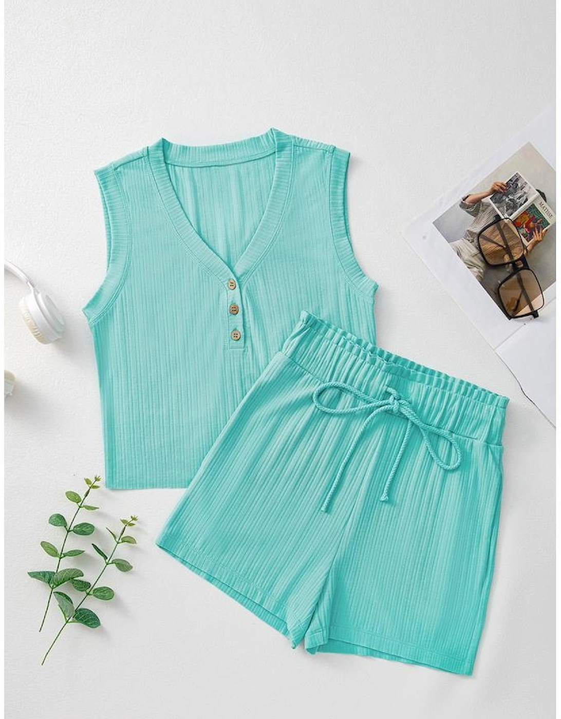 Mint Green Ribbed Button V Neck Tank Top and Shorts Set