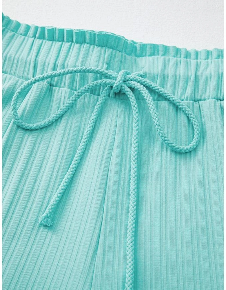 Mint Green Ribbed Button V Neck Tank Top and Shorts Set