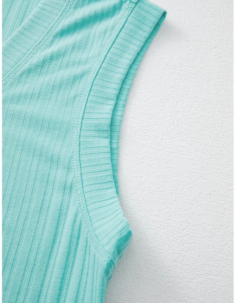 Mint Green Ribbed Button V Neck Tank Top and Shorts Set