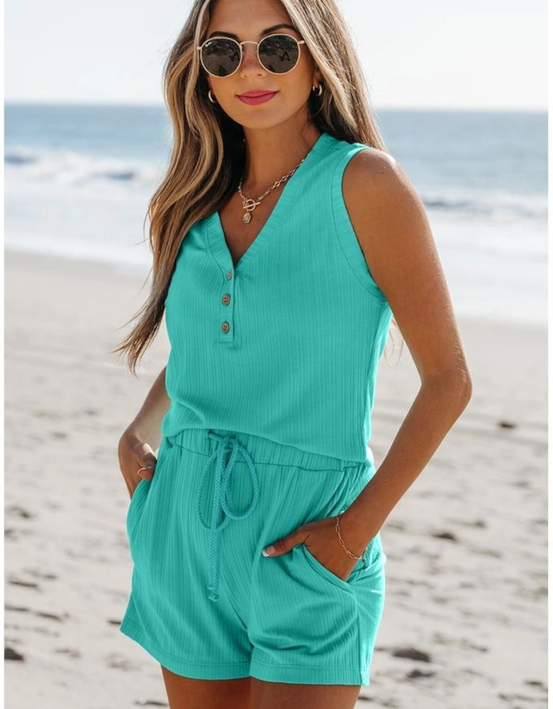 Mint Green Ribbed Button V Neck Tank Top and Shorts Set
