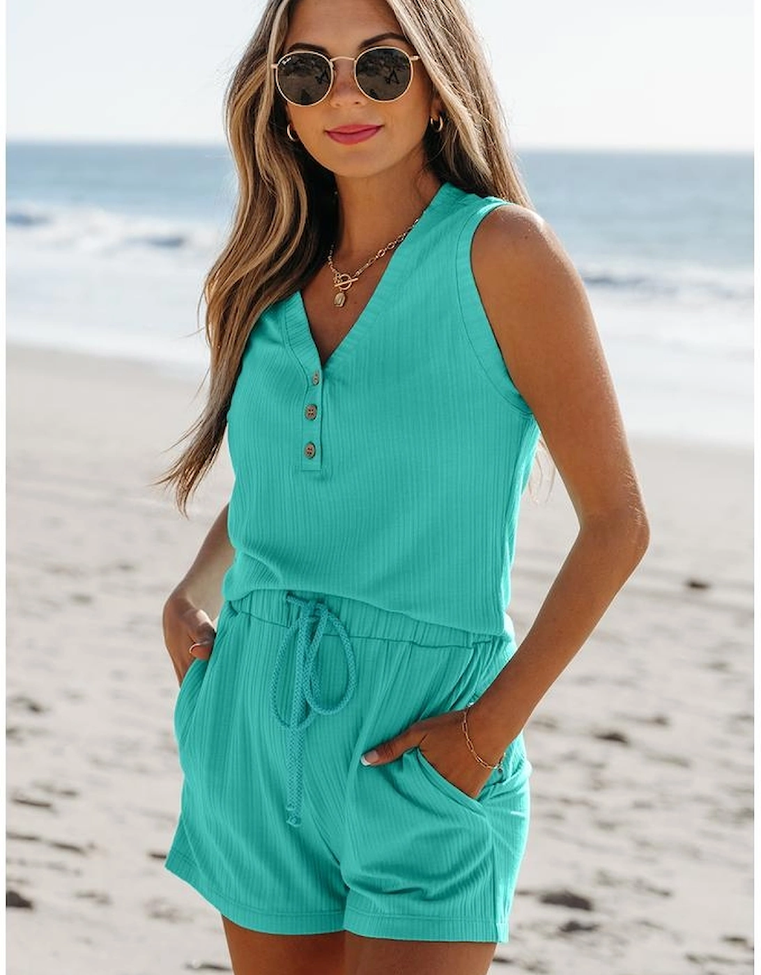 Mint Green Ribbed Button V Neck Tank Top and Shorts Set