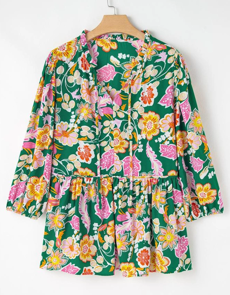 Green Floral Tied V Neck Long Sleeve Plus Size Babydoll Top