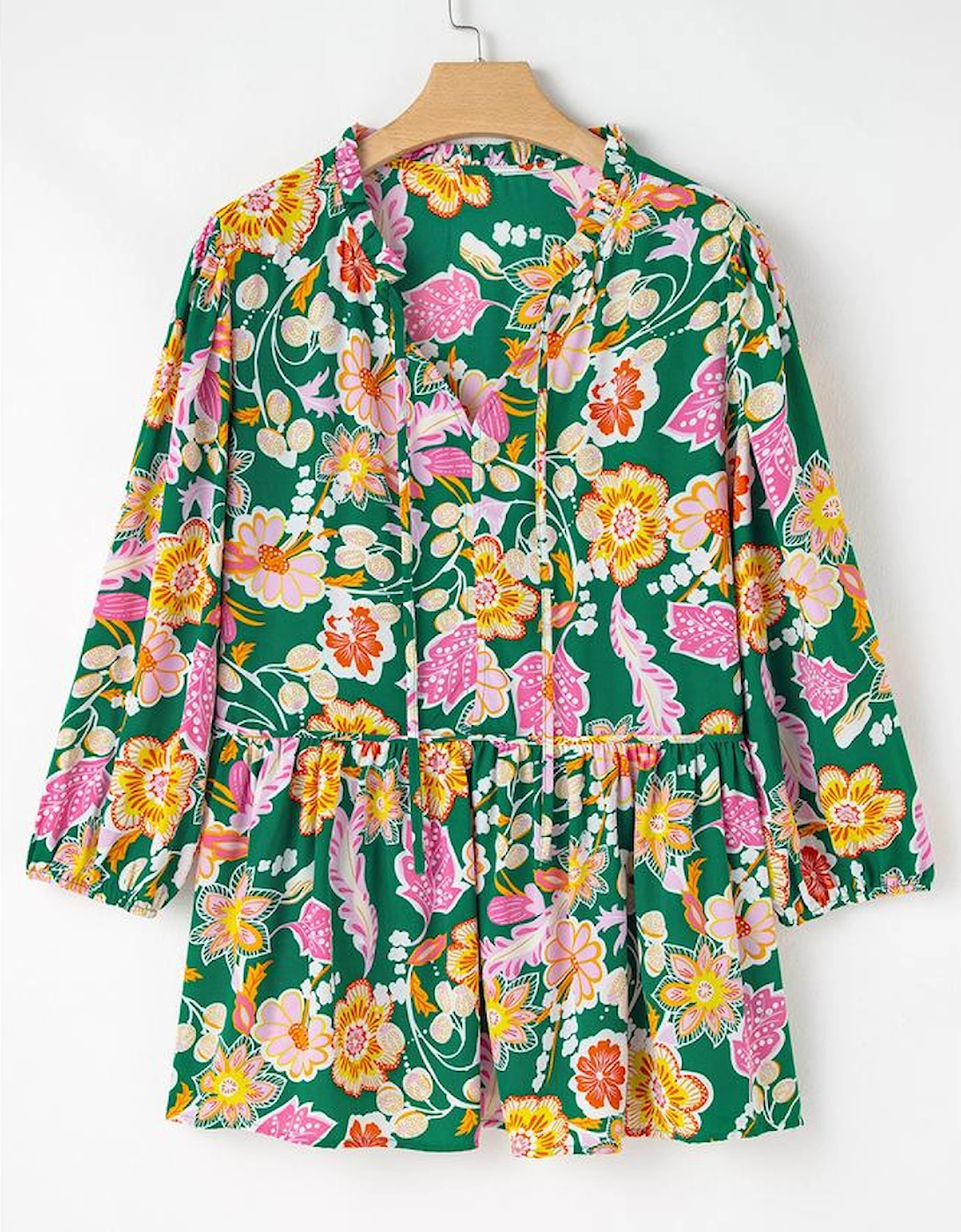 Green Floral Tied V Neck Long Sleeve Plus Size Babydoll Top