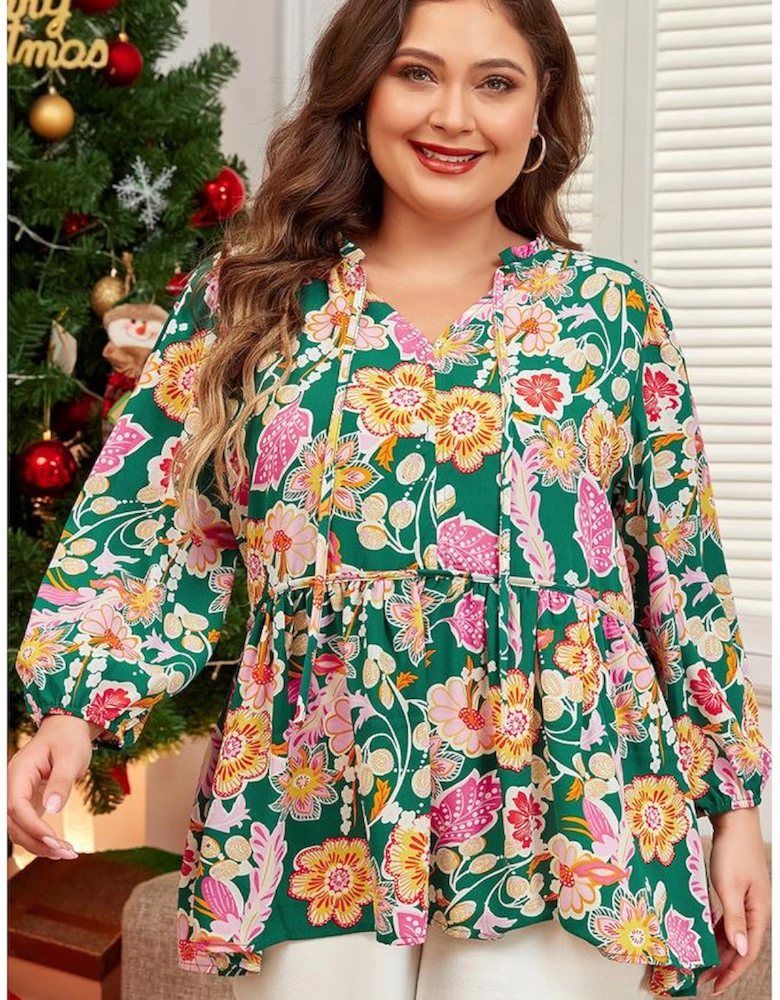 Green Floral Tied V Neck Long Sleeve Plus Size Babydoll Top