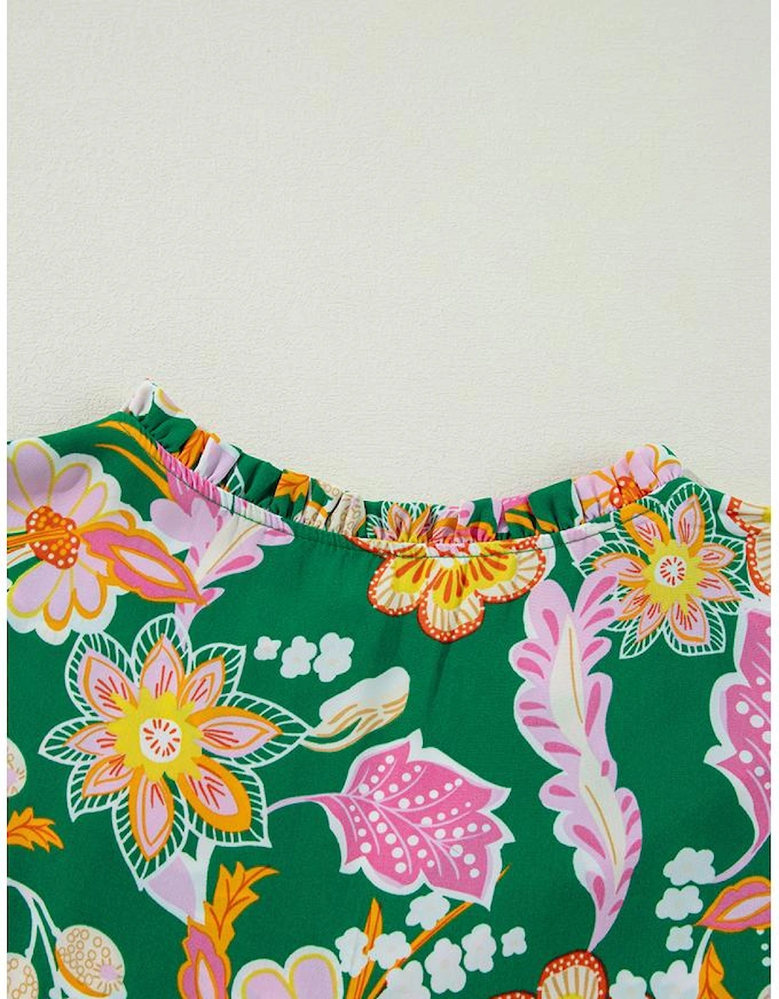 Green Floral Tied V Neck Long Sleeve Plus Size Babydoll Top