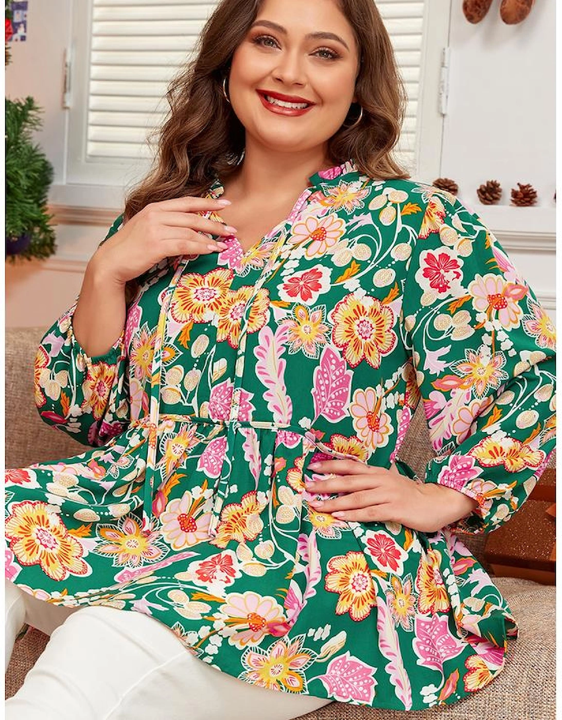 Green Floral Tied V Neck Long Sleeve Plus Size Babydoll Top, 12 of 11