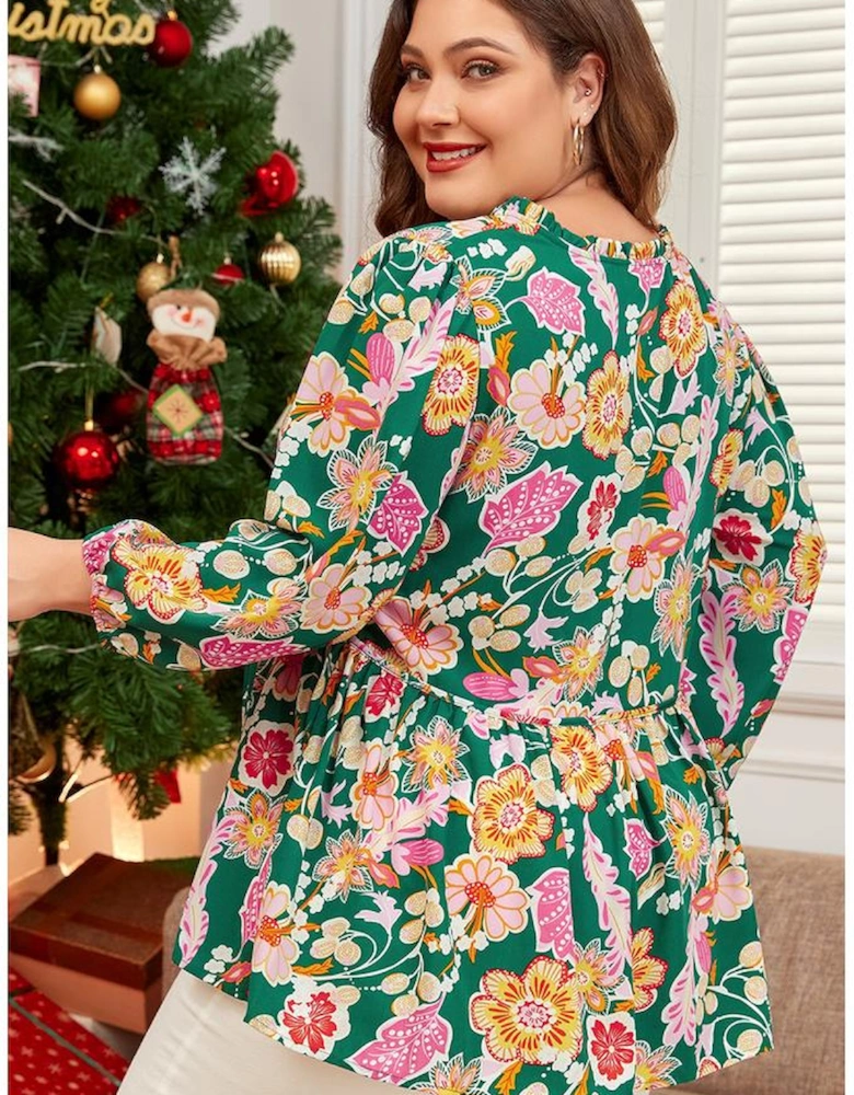 Green Floral Tied V Neck Long Sleeve Plus Size Babydoll Top