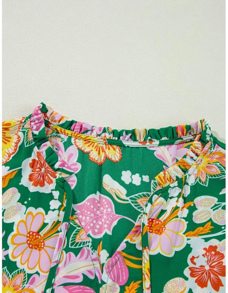 Green Floral Tied V Neck Long Sleeve Plus Size Babydoll Top