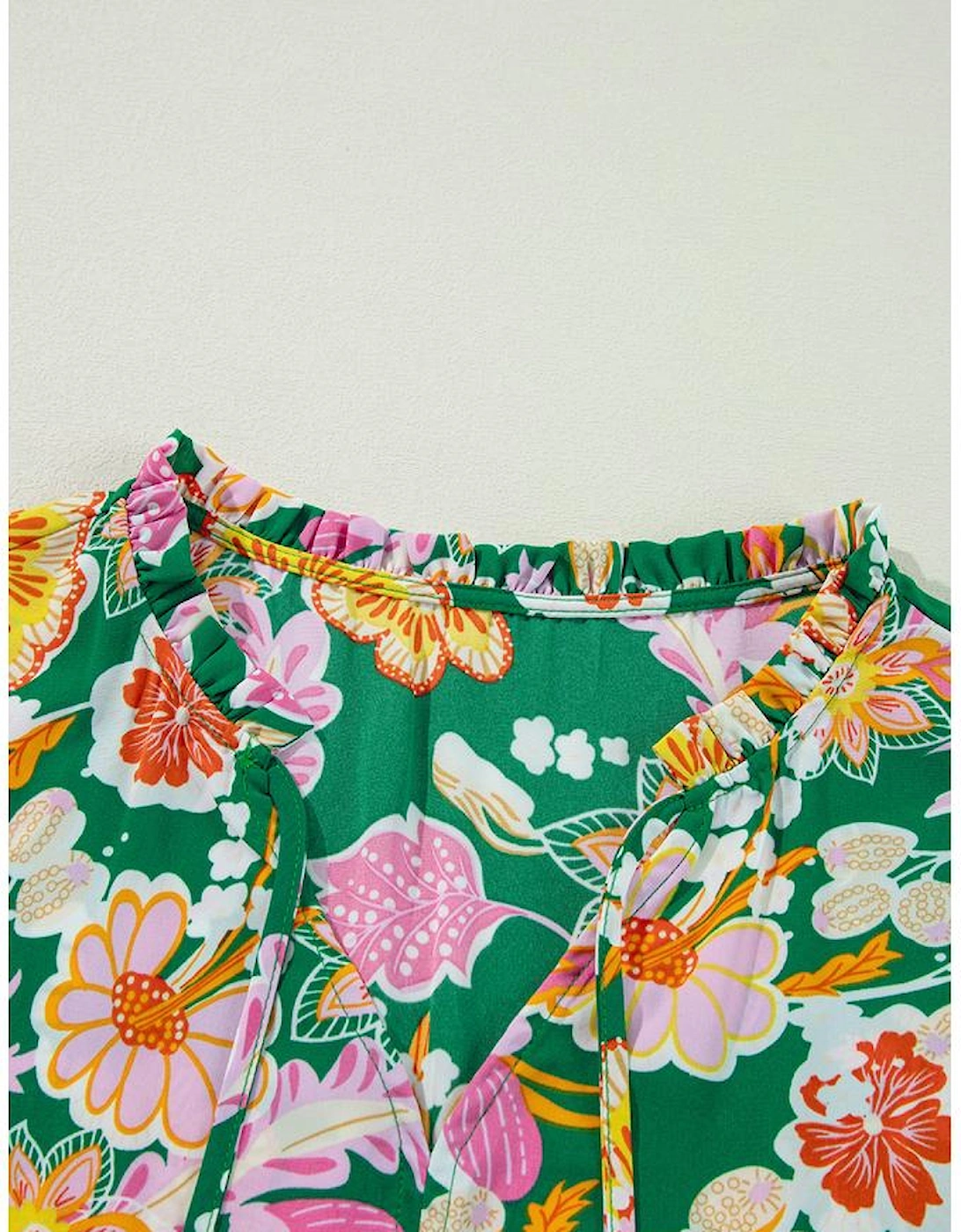 Green Floral Tied V Neck Long Sleeve Plus Size Babydoll Top